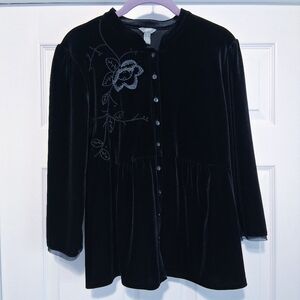 J. Jill Black Velvet Top Button-up Blouse Romantic Floral Embroidery Sz M